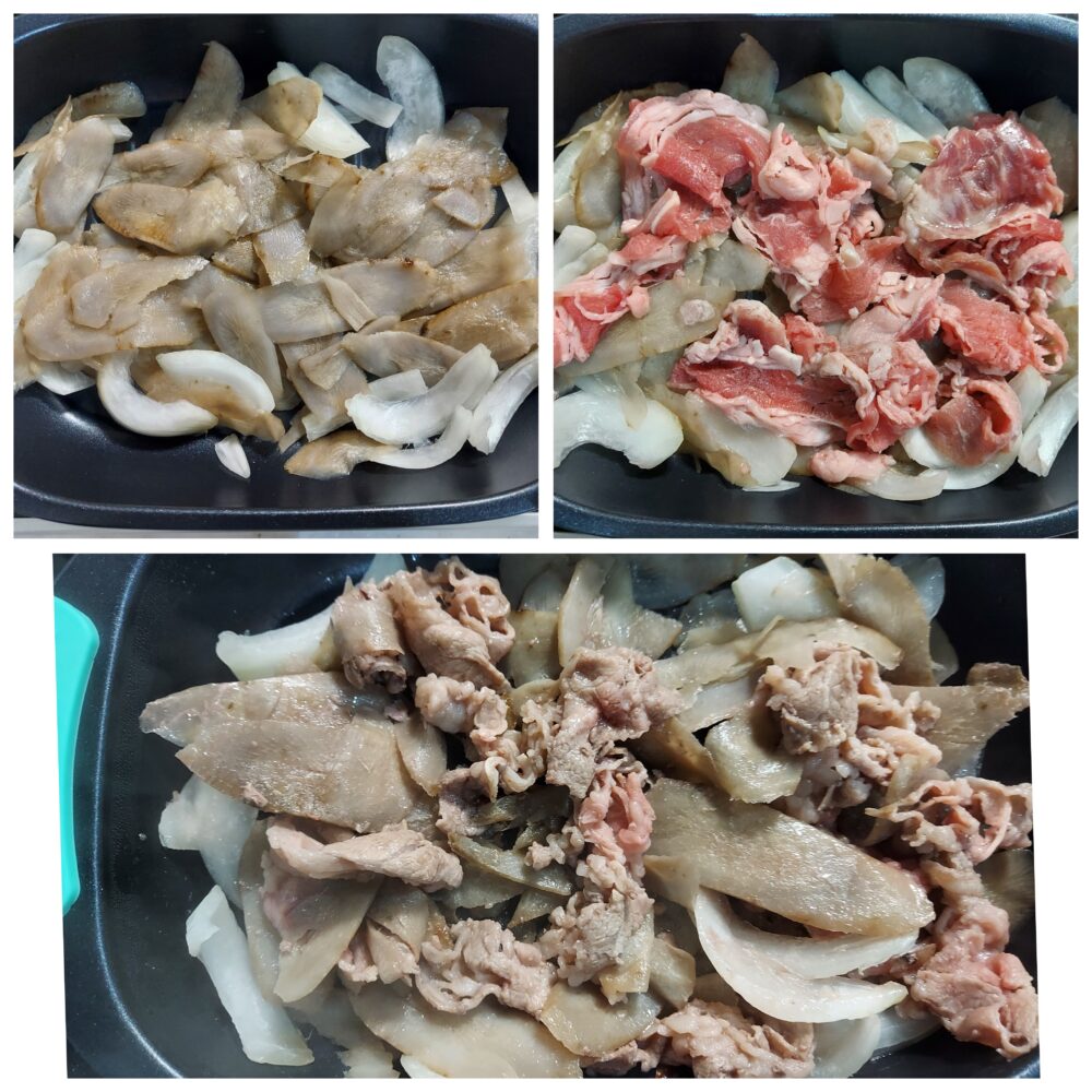 和田さんのごぼうで作る牛ごぼう丼の作り方。
野菜とお肉を加熱する。