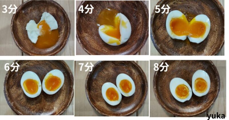 ゆで卵を茹で時間ごとに比較(3分~8分)