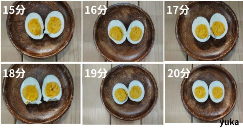 ゆで卵を茹で時間ごとに比較(15分~20分)